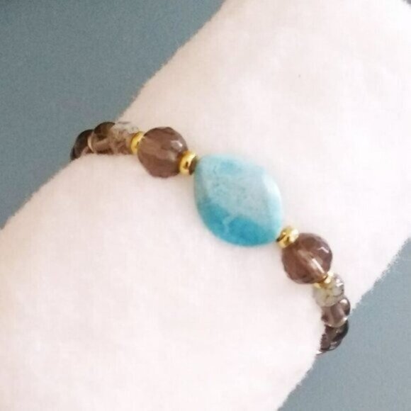 🎁☃️❄️ $10 Stocking Stuffers! Smoky Gray Crystal + Aqua Jasper Boho Bracelet 7" - Picture 2 of 8